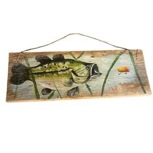 HAND painted Rustic Artwork Bass & Lure Wooden Cabincore Sign 8 x 22”